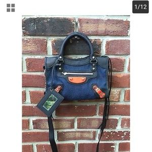 BALENCIAGA Mini City Mesh Navy Blue Red Leather C